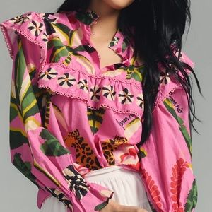 NWT FARM RIO pink leopard forest blouse 100% cotton medium M